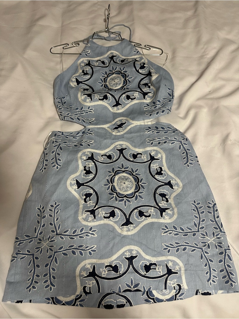 Mango Light Blue Embroidered Halter Mini Dress